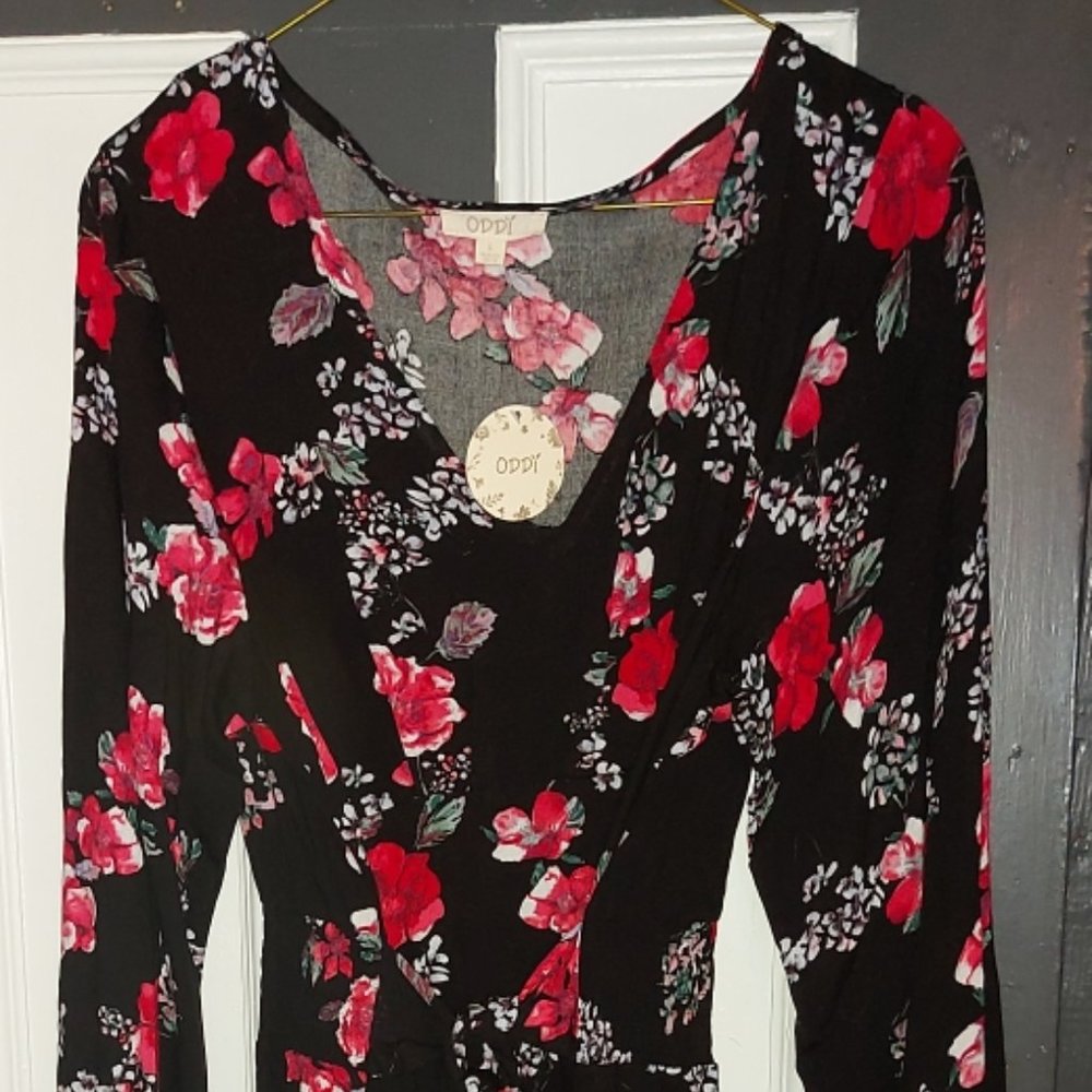 Floral Print L/S V-neck Tie Waist dress